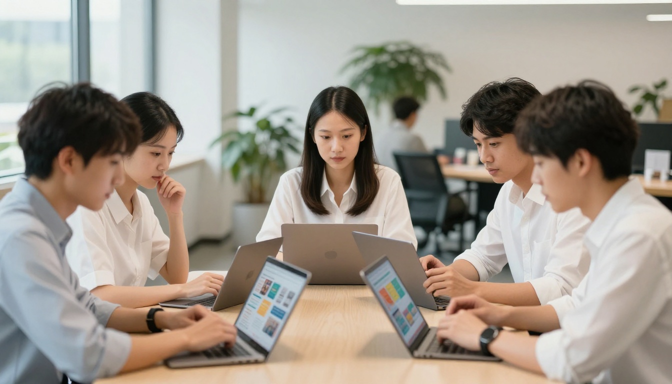 Marketing team reviewing digital publications on tablets around conference table