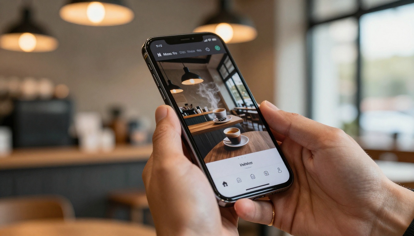 Close-up of hands holding a smartphone displaying a product catalog flipbook with page-turn effect, warm coffee shop bokeh background, natural window light Close-up of hands holding a smartphone displaying a product catalog flipbook with page-turn effect, warm coffee shop bokeh background, natural window light