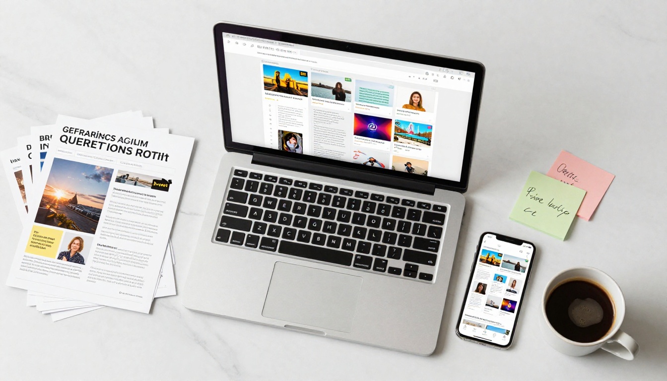 Aerial flat lay of laptop and marketing brochures on white marble desk