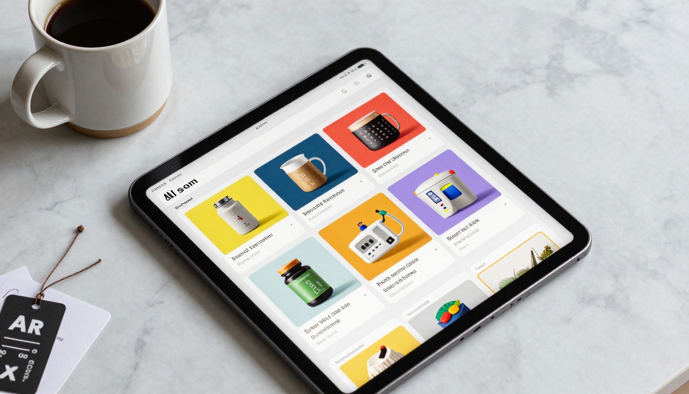 A tablet displaying a vibrant digital product catalog on a marble surface A tablet displaying a vibrant digital product catalog on a marble surface