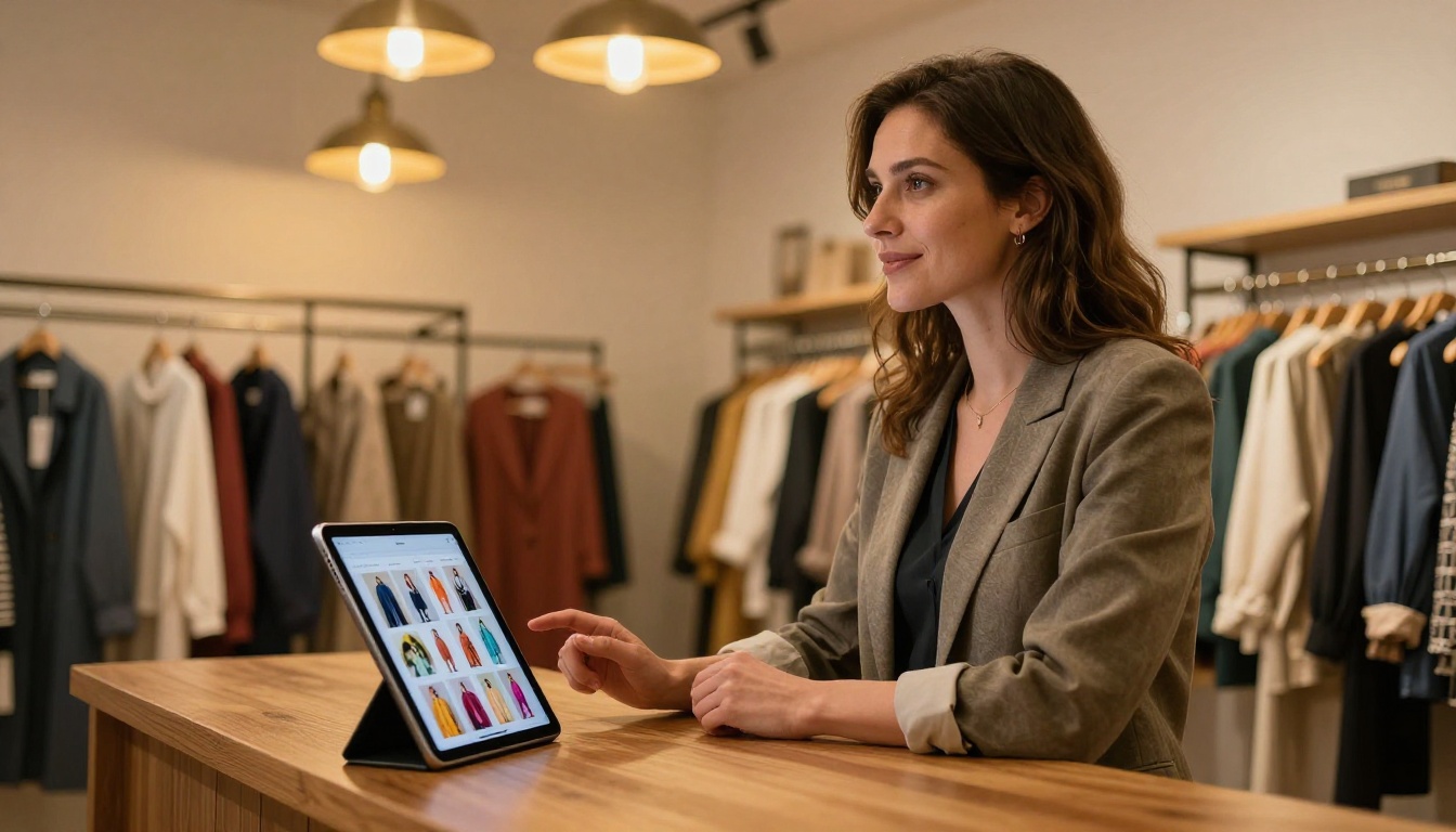 A boutique clothing store owner reviewing a digital fashion catalog flipbook on an iPad at the counter, warm pendant lighting, clothing racks softly blurred in background A boutique clothing store owner reviewing a digital fashion catalog flipbook on an iPad at the counter, warm pendant lighting, clothing racks softly blurred in background