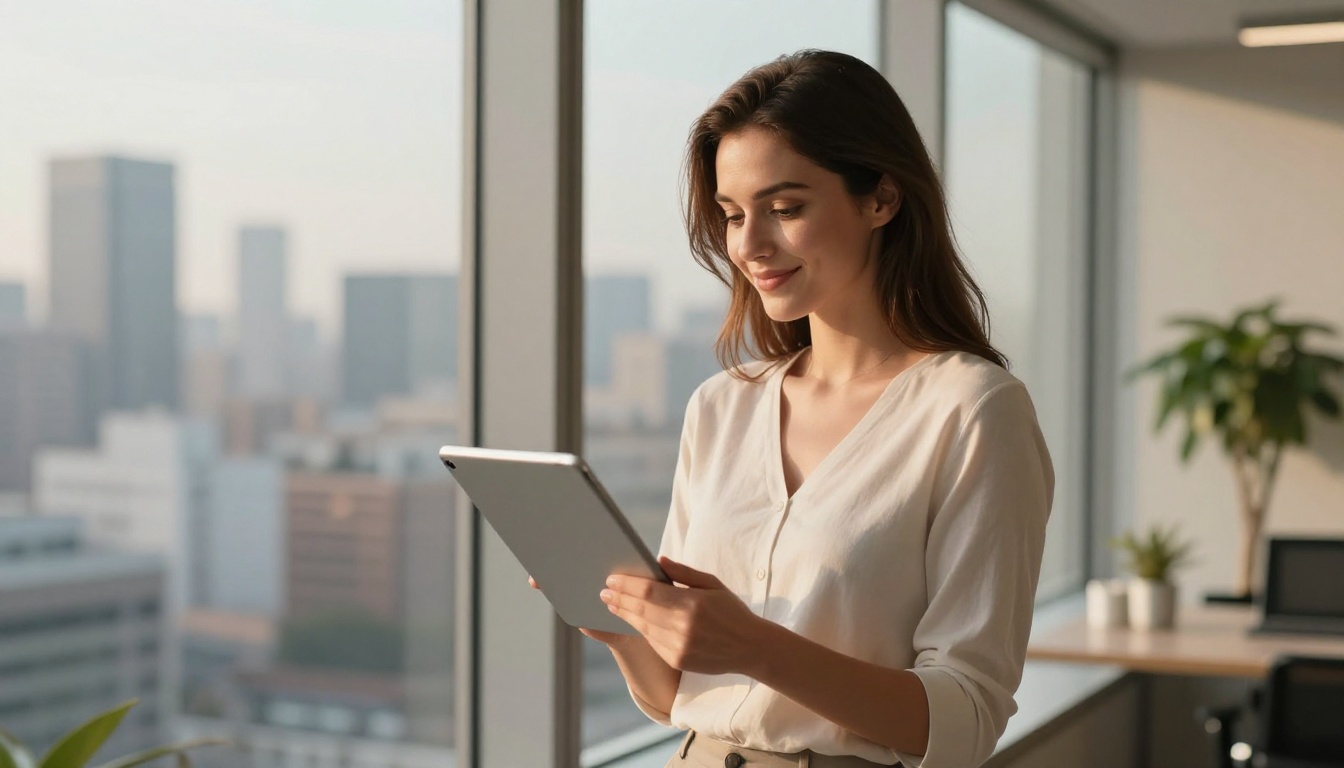 Woman holding tablet near glass window in modern office with city skyline