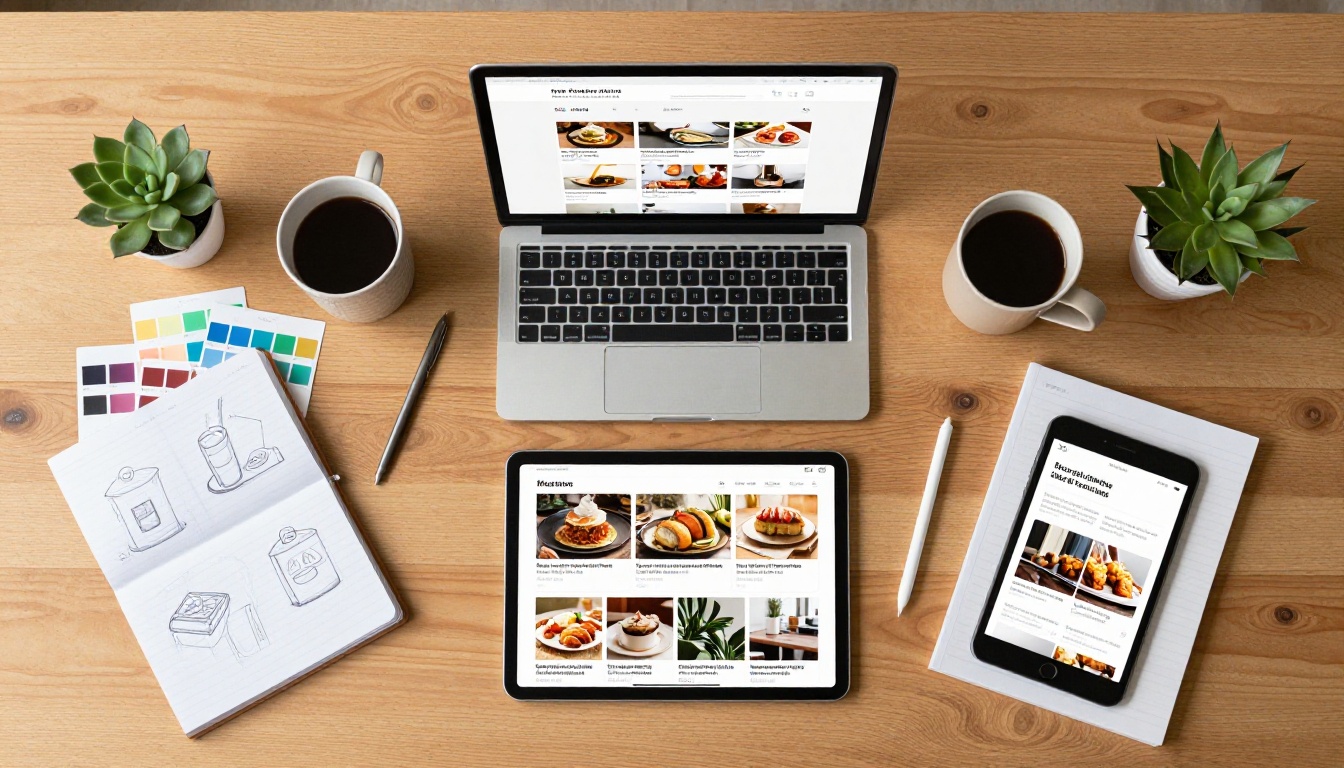 An overhead flat lay of multiple devices showing different flipbook designs on a warm wooden desk, surrounded by color swatches, a notebook with sketches, and a coffee mug An overhead flat lay of multiple devices showing different flipbook designs on a warm wooden desk, surrounded by color swatches, a notebook with sketches, and a coffee mug