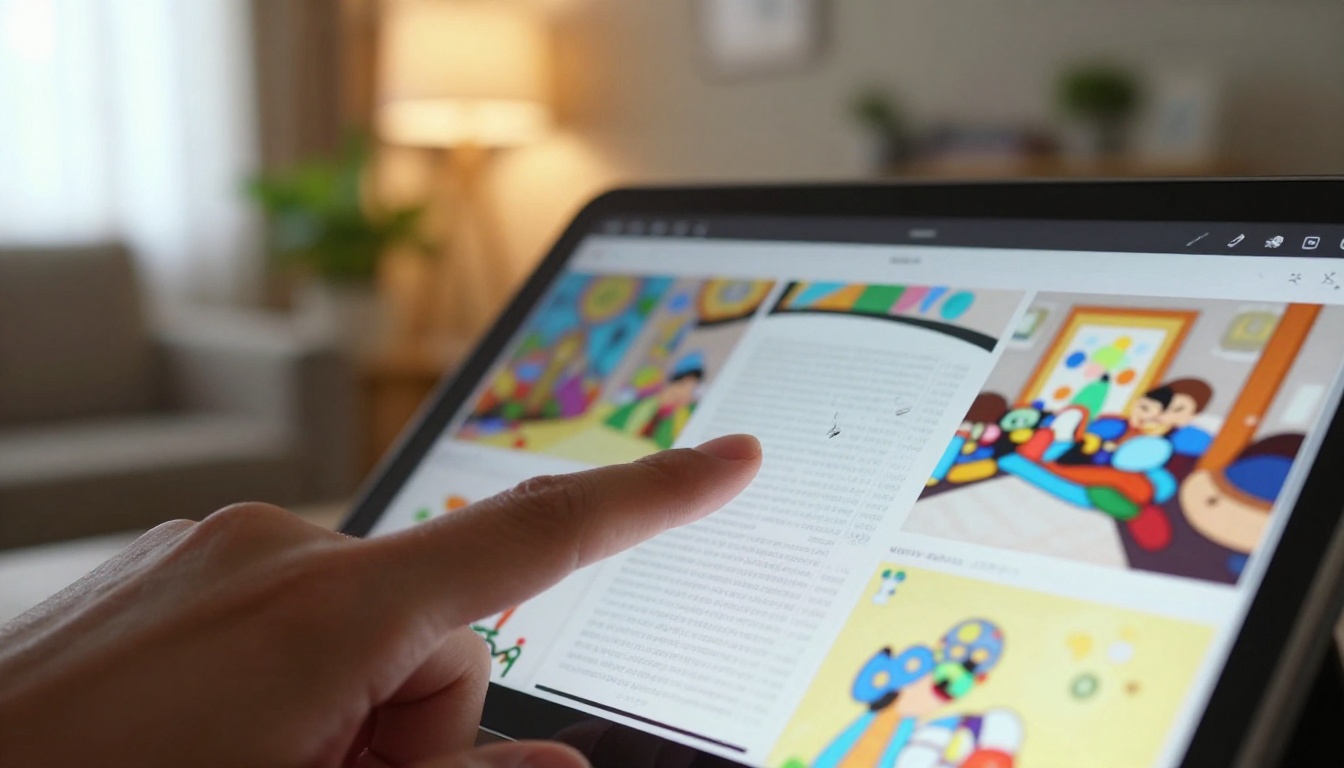 Person touching tablet screen displaying interactive flipbook with colorful pages