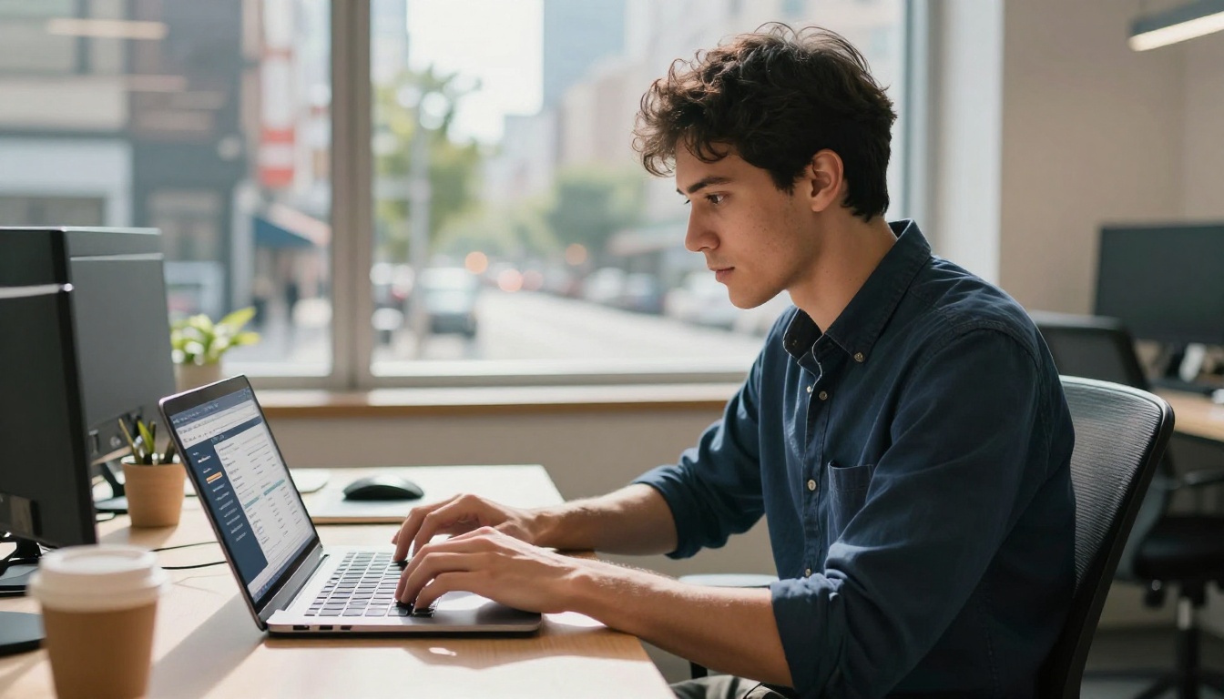 A young man comparing digital catalog software on a laptop at a co-working space A young man comparing digital catalog software on a laptop at a co-working space