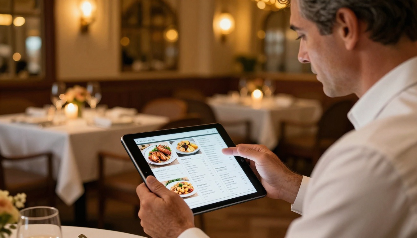 An elegant restaurant owner reviewing a digital menu flipbook on a tablet in a warm upscale dining room with candlelit tables softly blurred in background An elegant restaurant owner reviewing a digital menu flipbook on a tablet in a warm upscale dining room with candlelit tables softly blurred in background