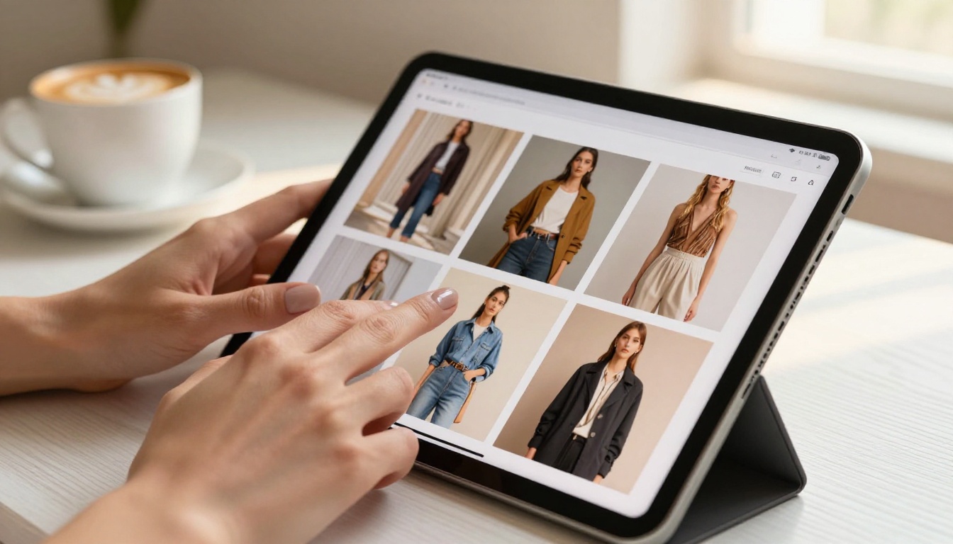 Close-up of hands scrolling through a vibrant fashion catalog flipbook on an iPad