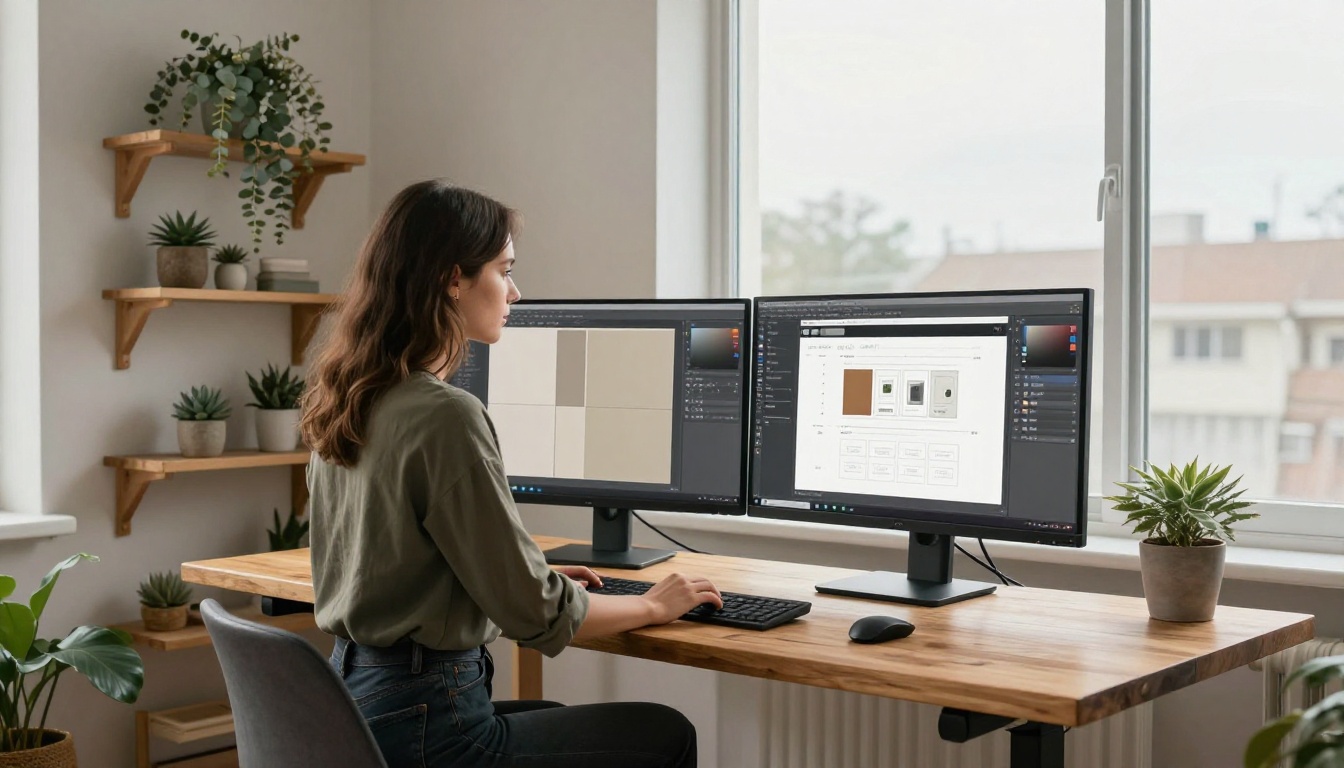 Freelance designer at standing desk with two monitors showing flipbook interface