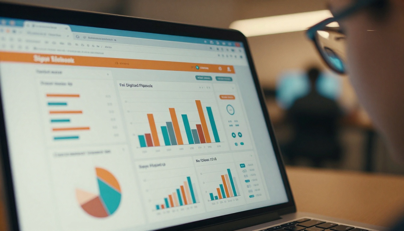 A laptop screen displaying a flipbook analytics dashboard with charts and visitor statistics, a person studying the data reflected in their glasses in the background A laptop screen displaying a flipbook analytics dashboard with charts and visitor statistics, a person studying the data reflected in their glasses in the background