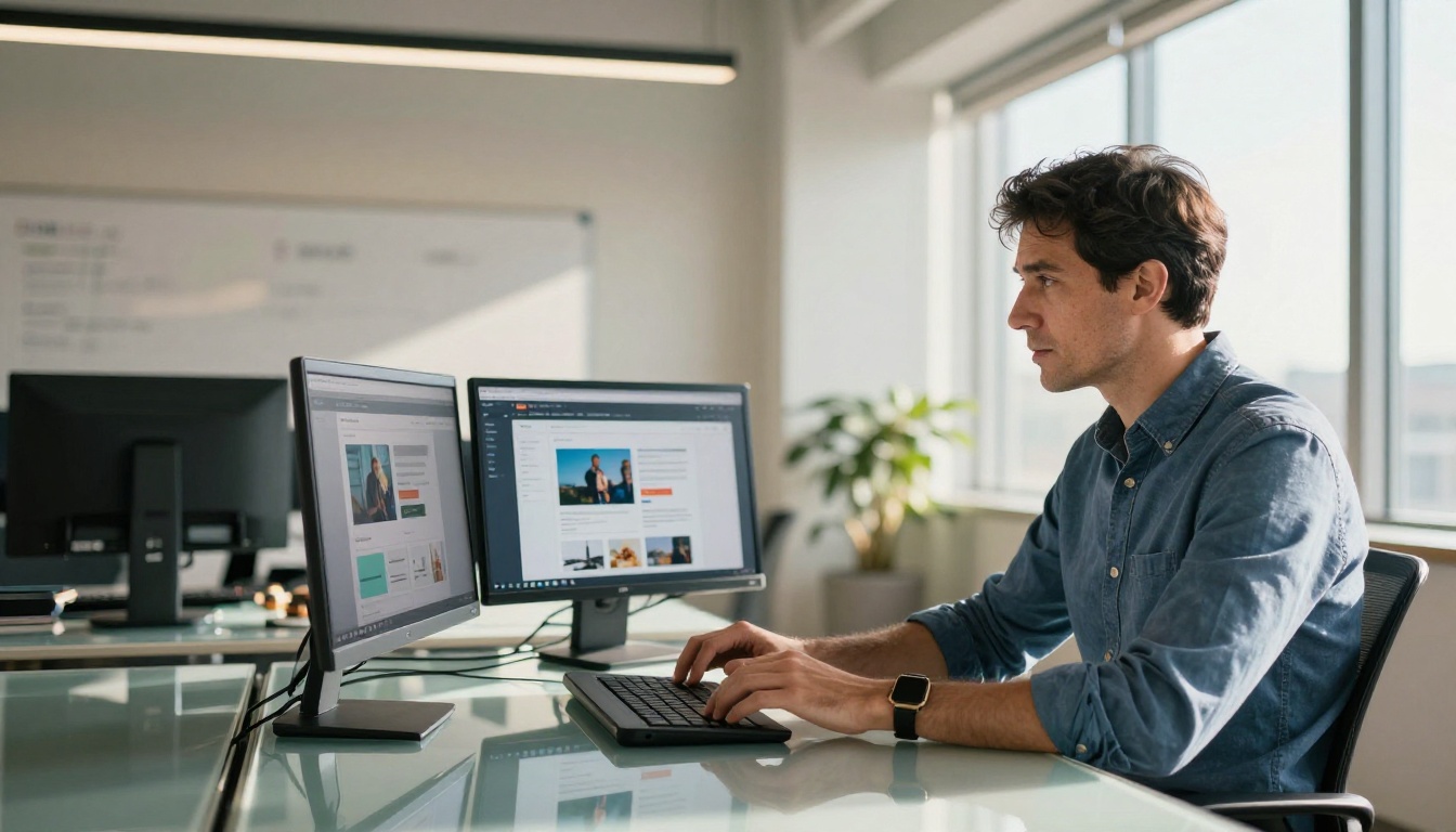 Two professionals comparing digital flipbook platforms side by side on laptops in a modern office