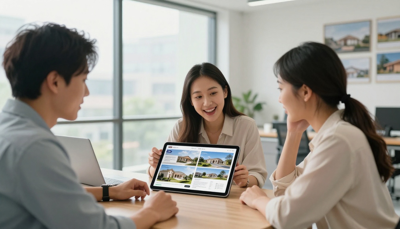 A real estate agent showing a digital property brochure flipbook on a tablet to a young couple seated across the desk in a bright modern office A real estate agent showing a digital property brochure flipbook on a tablet to a young couple seated across the desk in a bright modern office