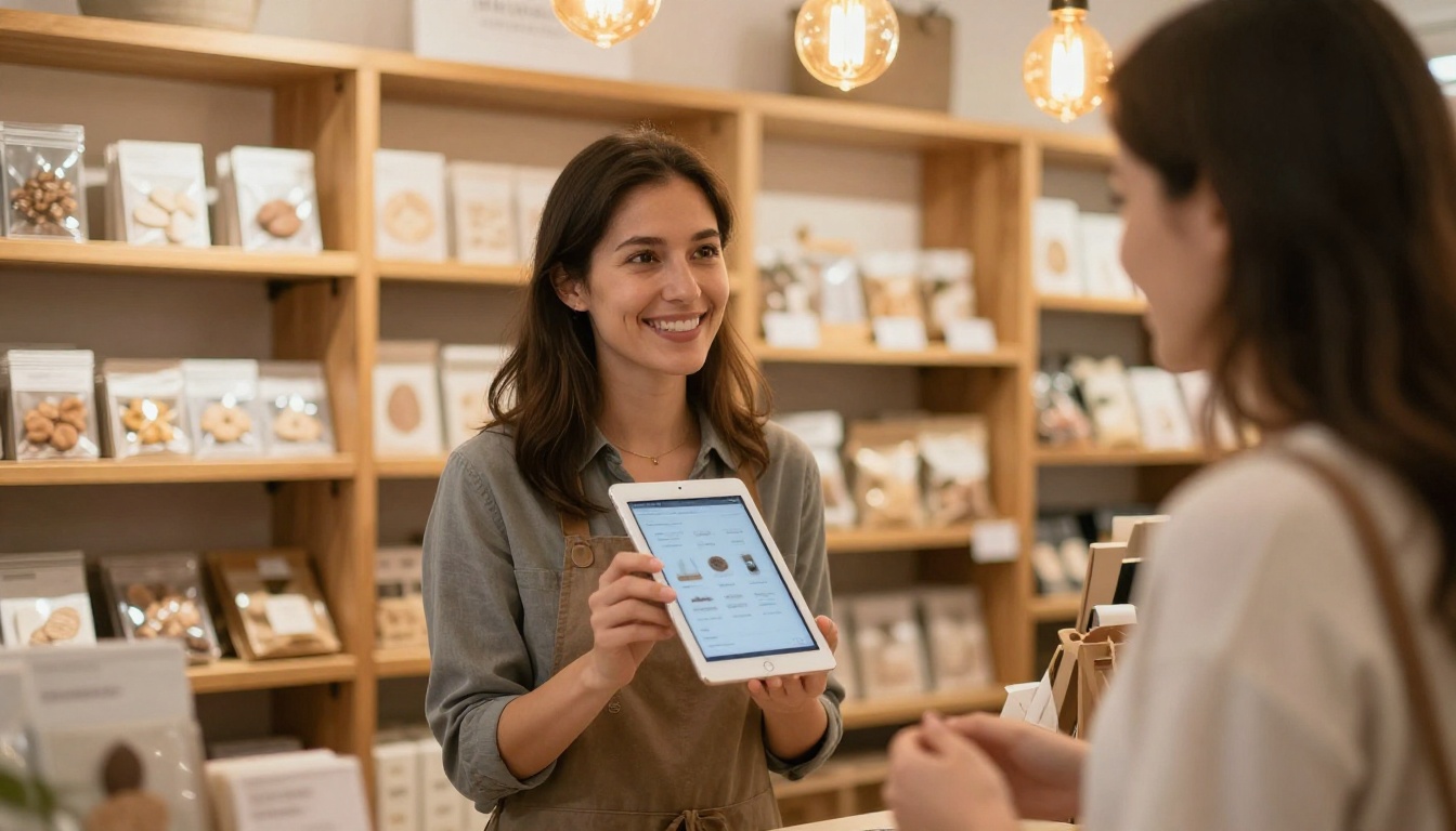 Small business owner showing digital catalog on iPad to customer in boutique