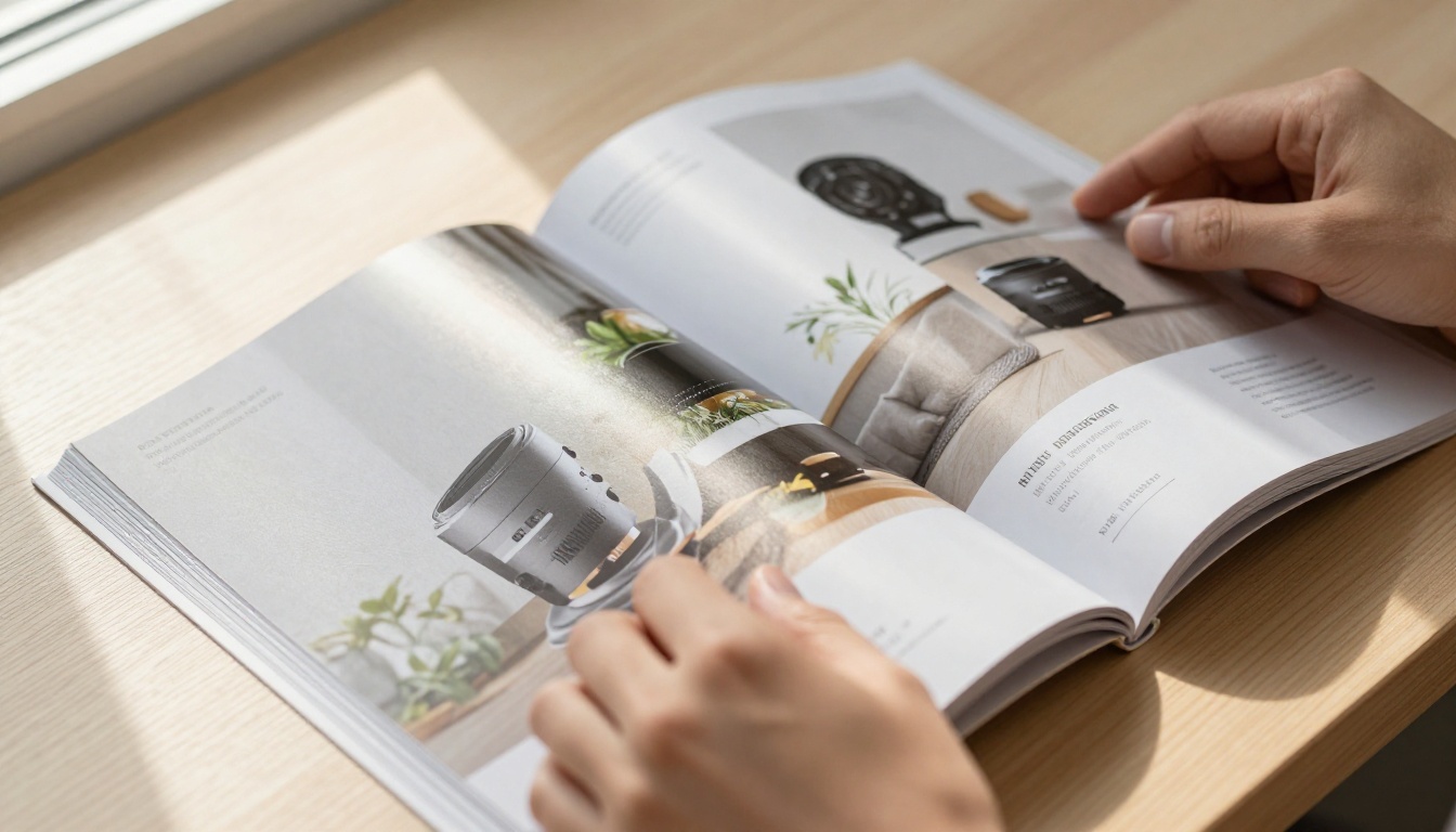 Hands flipping through a glossy printed product catalog on a desk Hands flipping through a glossy printed product catalog on a desk