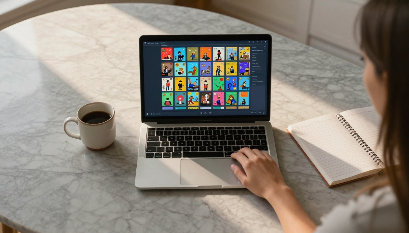 Aerial view of laptop displaying a digital flipbook with animated page-turn effect