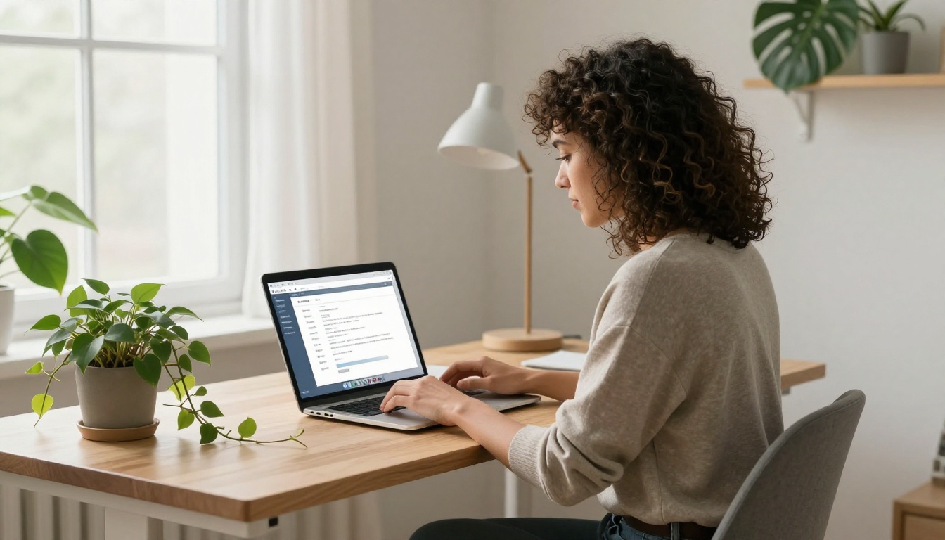 A creative entrepreneur uploading a PDF to convert into a digital flipbook at a Scandinavian-style home office desk with plants and soft natural window light A creative entrepreneur uploading a PDF to convert into a digital flipbook at a Scandinavian-style home office desk with plants and soft natural window light