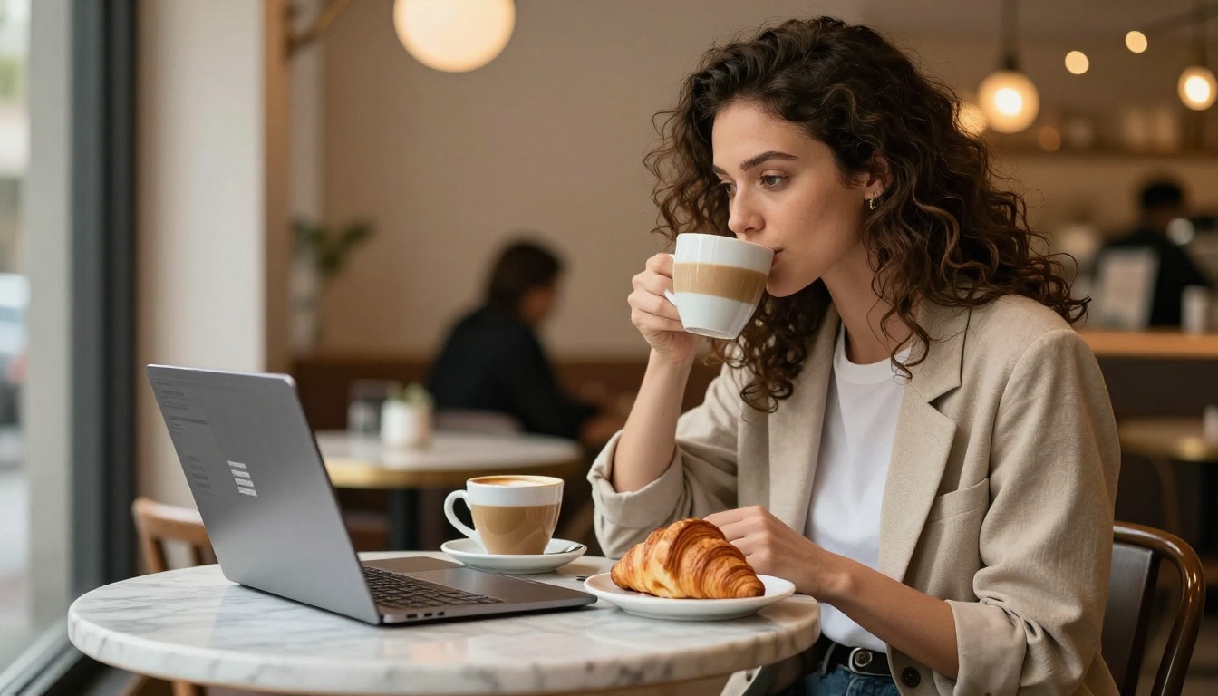 Woman blogger at cafe table with laptop showing digital publishing software