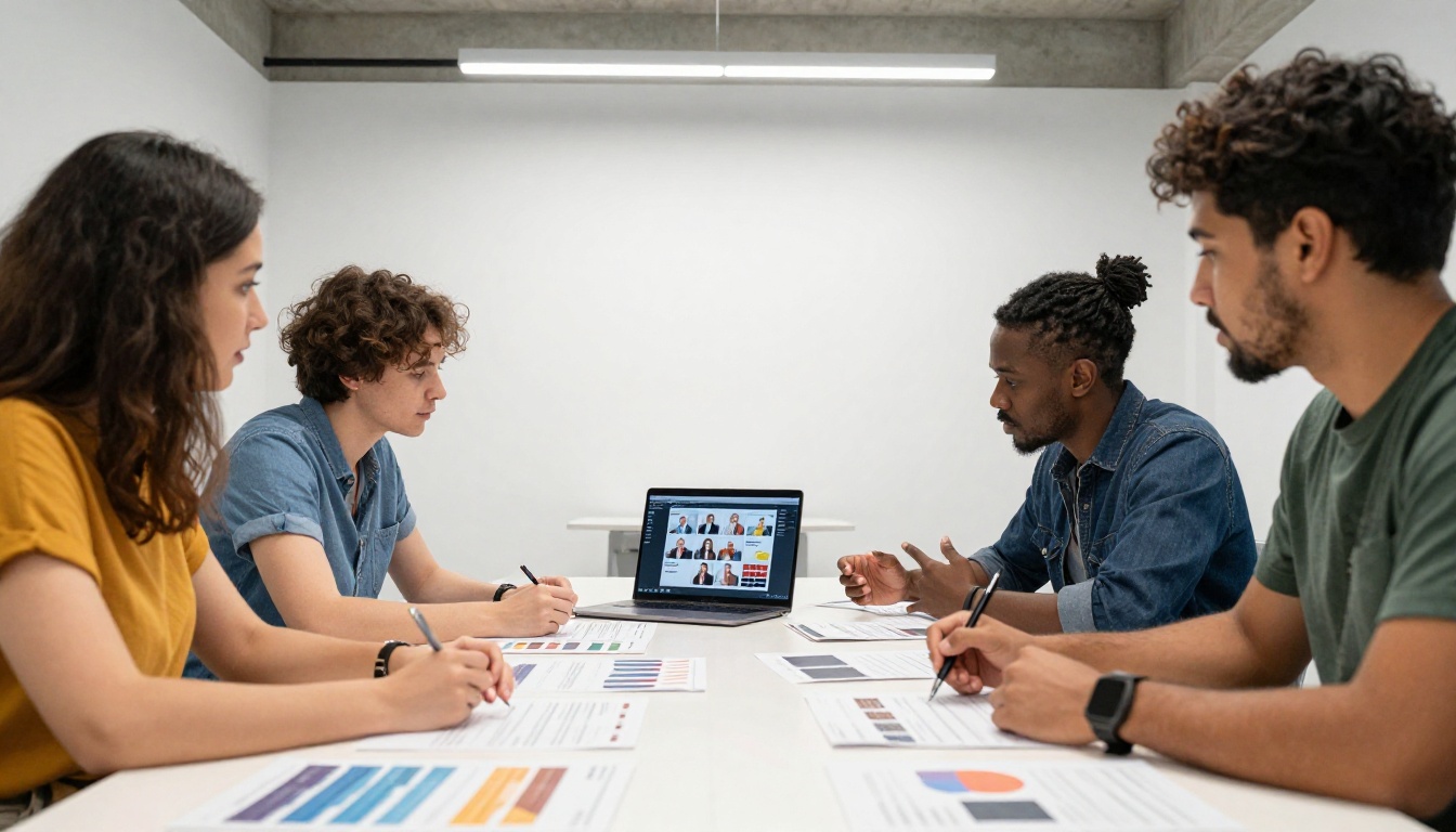 A team of marketing professionals reviewing digital catalog designs in a conference room A team of marketing professionals reviewing digital catalog designs in a conference room