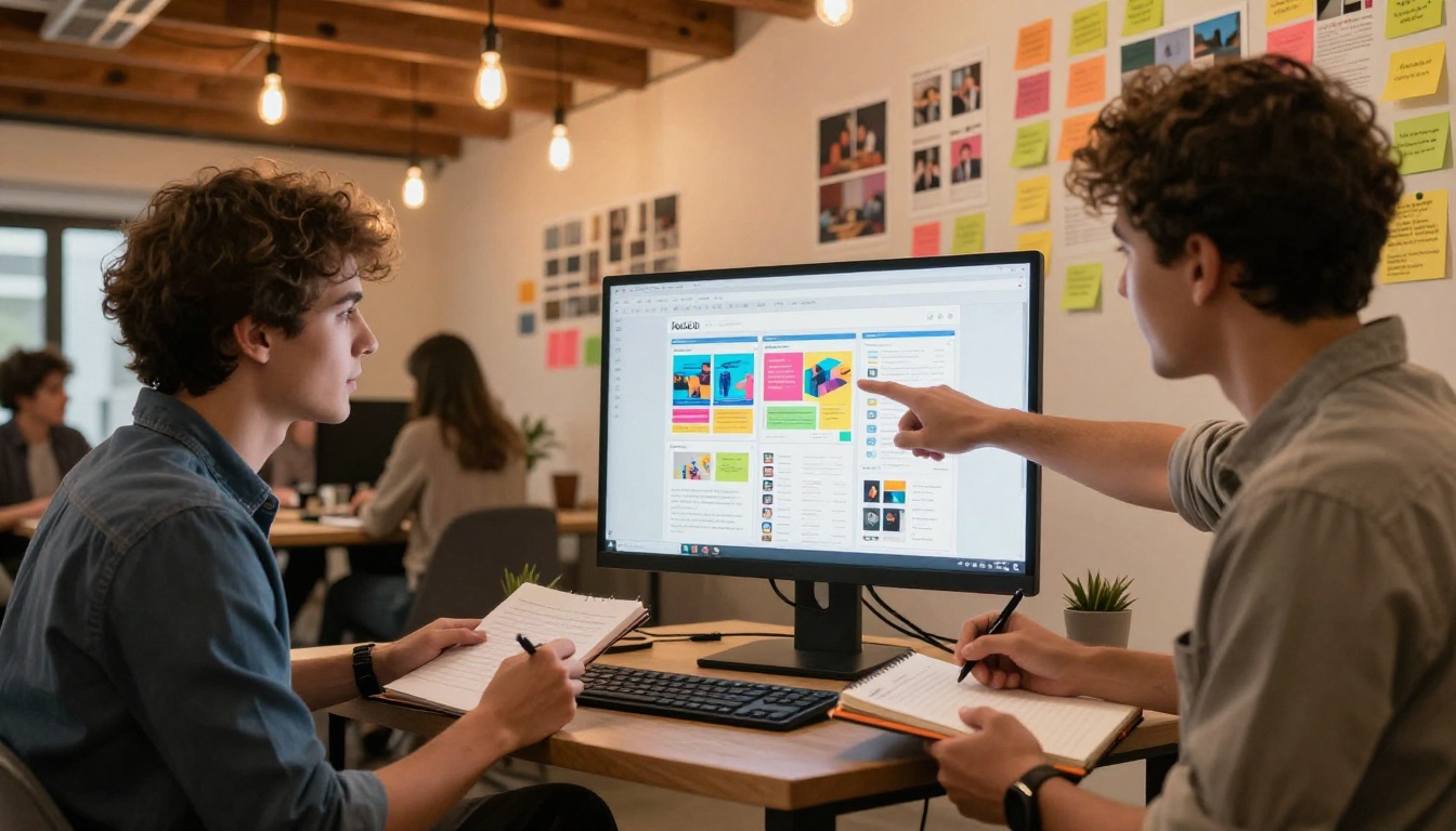 Two marketing professionals collaborating on a digital catalog design in a warm co-working space with Edison bulb lighting and colorful sticky notes on the wall behind them Two marketing professionals collaborating on a digital catalog design in a warm co-working space with Edison bulb lighting and colorful sticky notes on the wall behind them