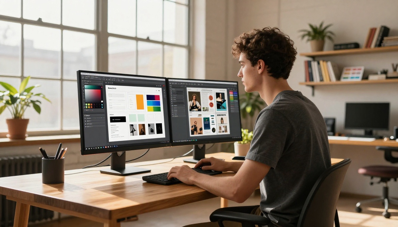Graphic designer customizing flipbook branding on dual monitors in creative studio