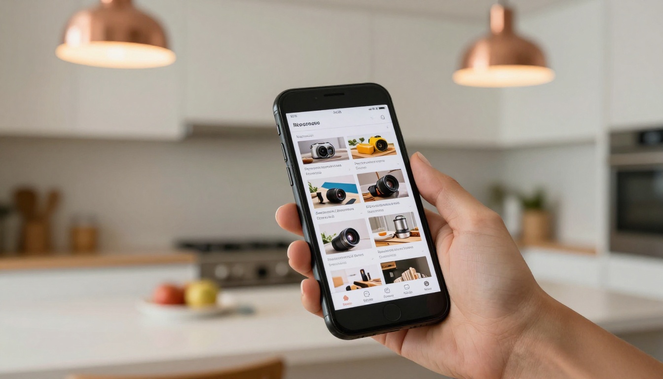 A woman holding a smartphone showing a swipeable interactive digital catalog in a bright kitchen A woman holding a smartphone showing a swipeable interactive digital catalog in a bright kitchen