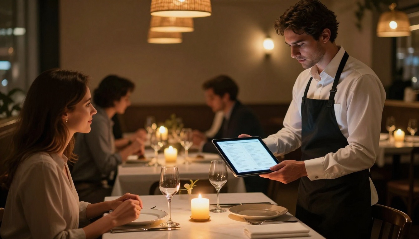 Waiter presenting a digital restaurant menu on iPad to a couple at a candlelit dining table