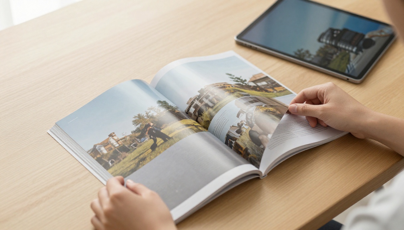 Hands turning a magazine page next to a tablet showing a digital flipbook animation
