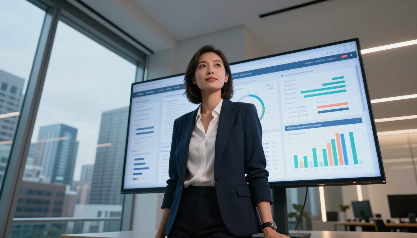 A female entrepreneur standing in front of an analytics dashboard screen in a startup office A female entrepreneur standing in front of an analytics dashboard screen in a startup office