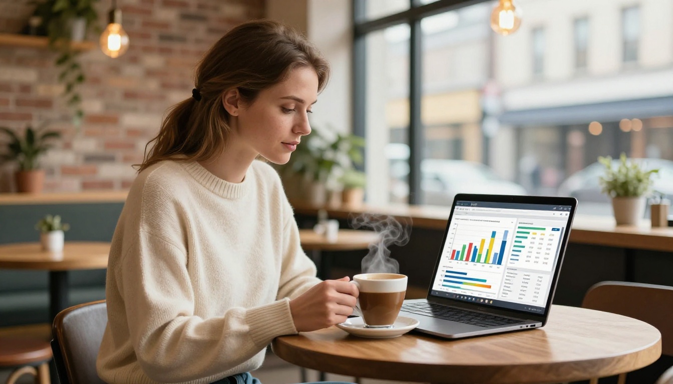 Analytics dashboard showing flipbook engagement statistics on laptop in coffee shop