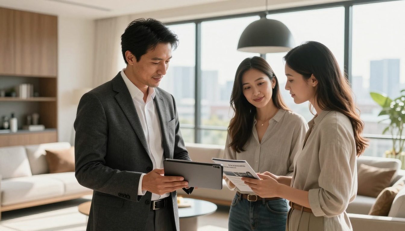 Real estate agent showing a luxury property digital brochure on tablet to a couple in a sunlit modern home