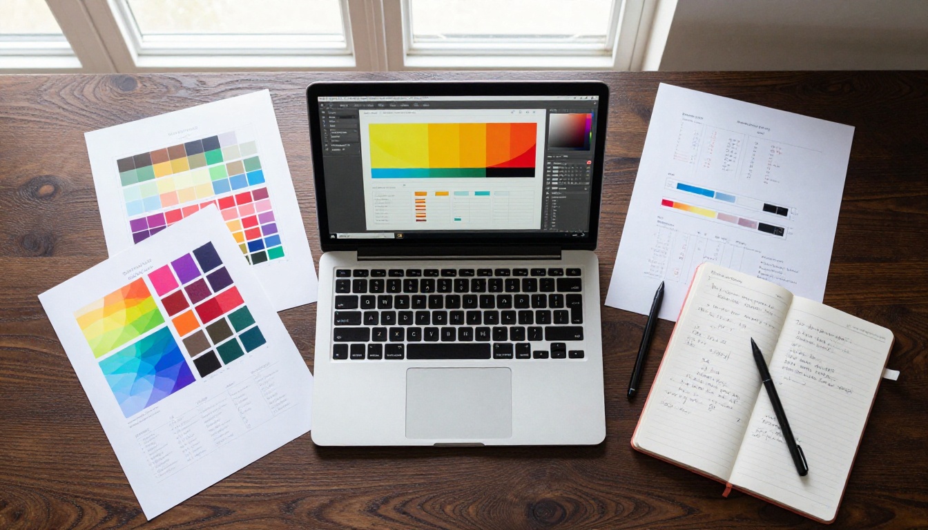 A graphic designer's flatlay workspace with a laptop showing a catalog design interface A graphic designer's flatlay workspace with a laptop showing a catalog design interface