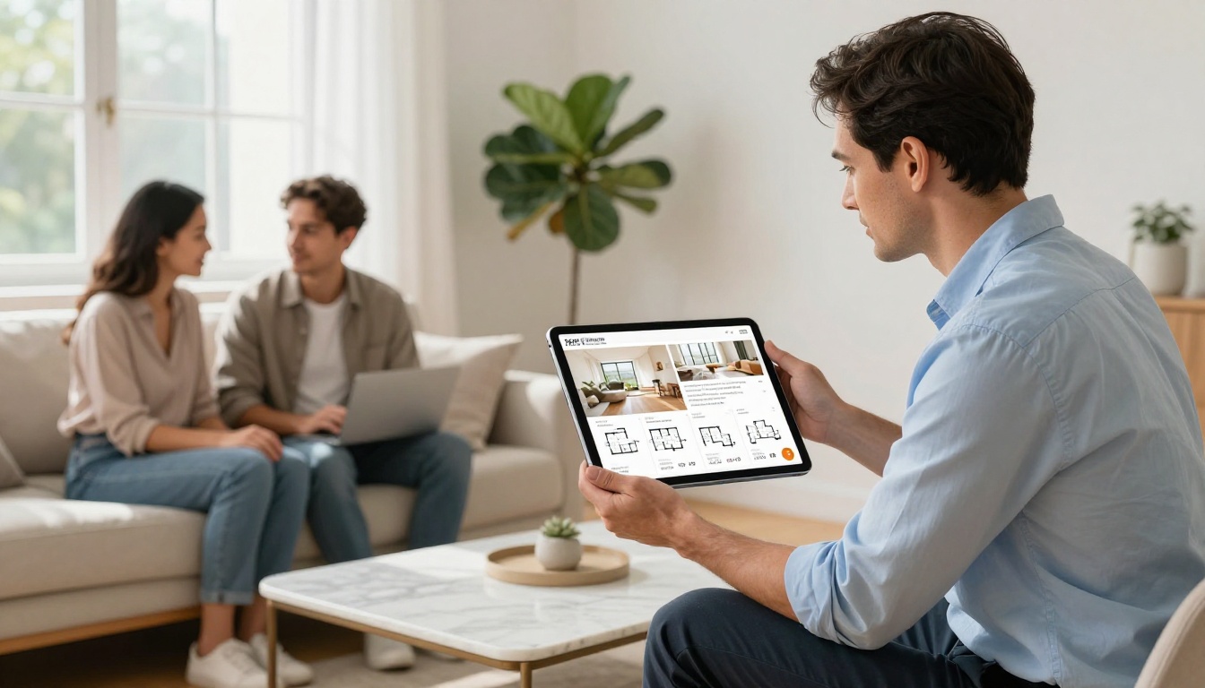 Real estate agent showing digital property brochure on iPad to clients