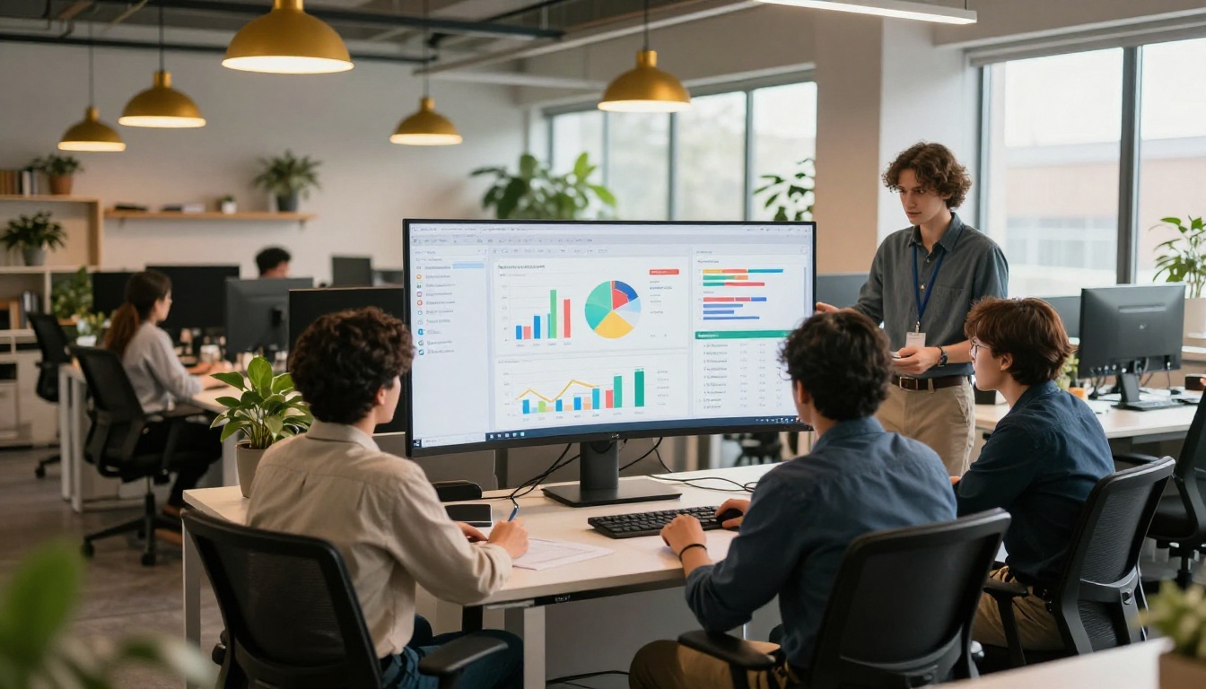 Marketing team reviewing flipbook engagement analytics on a large office monitor