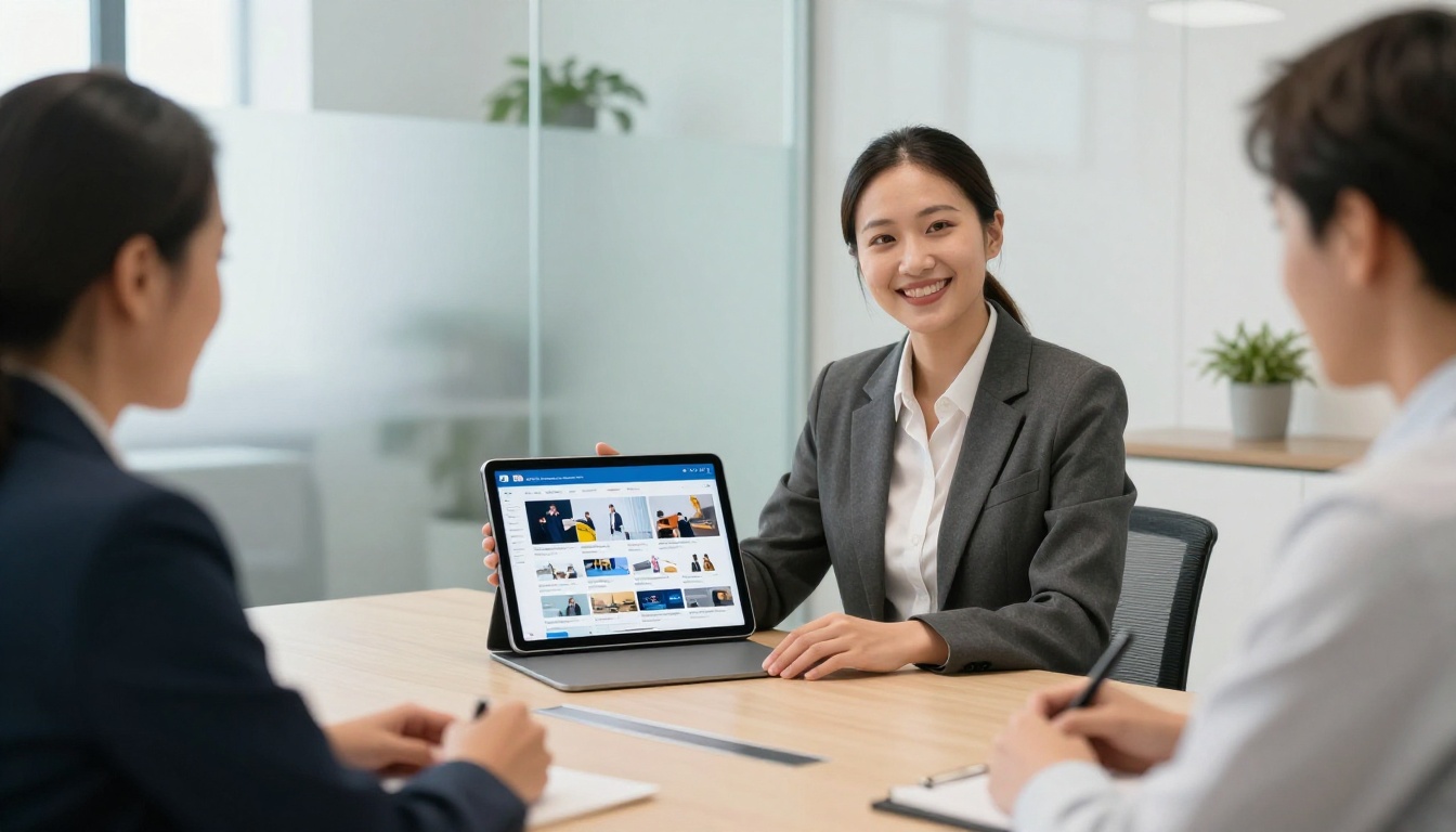 A sales representative presenting a digital catalog on iPad Pro to a client in a modern meeting room A sales representative presenting a digital catalog on iPad Pro to a client in a modern meeting room