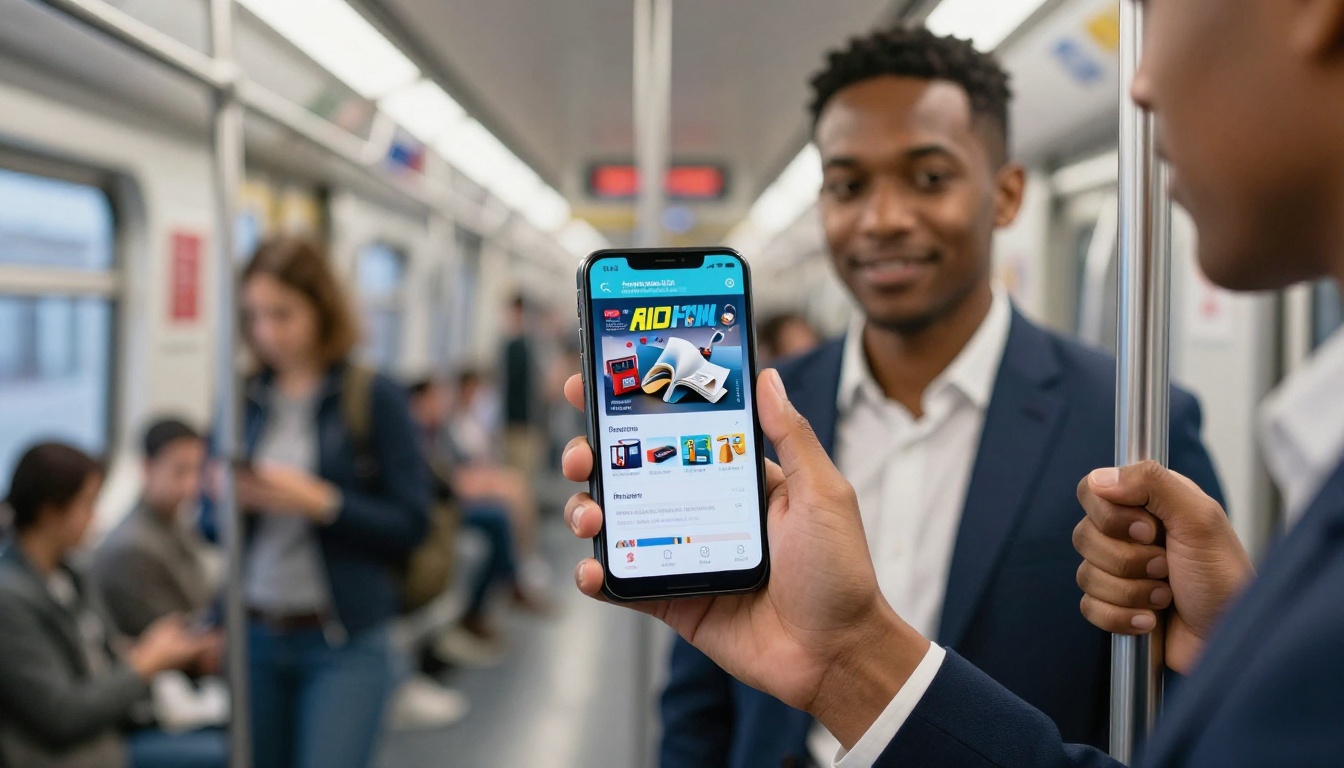 Person on subway commute reviewing a digital flipbook catalog on smartphone