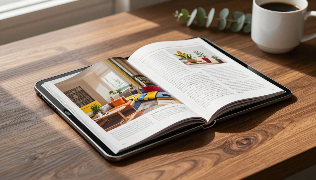Close-up of interactive digital magazine flipbook on premium tablet with morning coffee