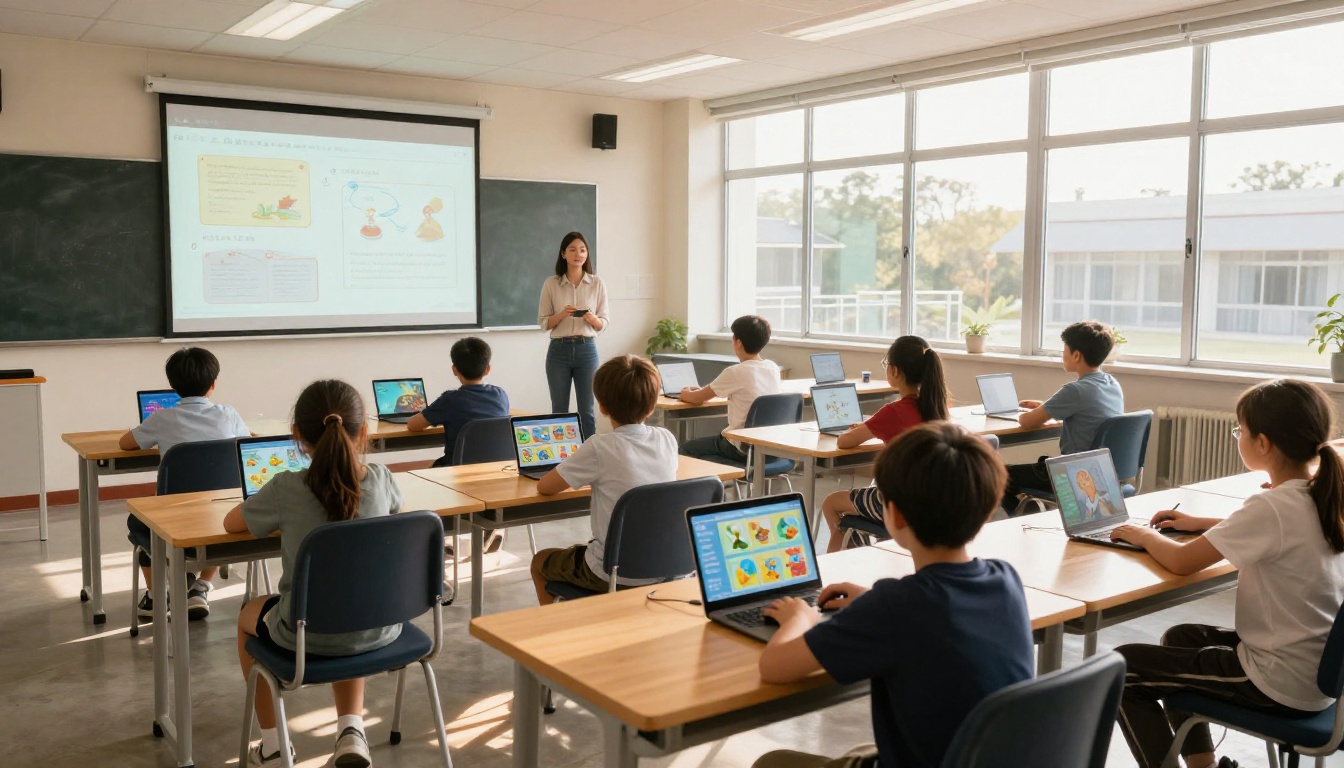 Wide classroom view with students on tablets and teacher at projected screen