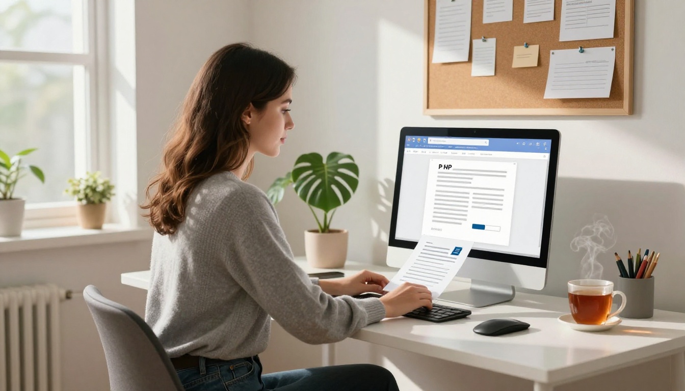 Woman uploading a PDF document to a flipbook conversion platform on her home office computer