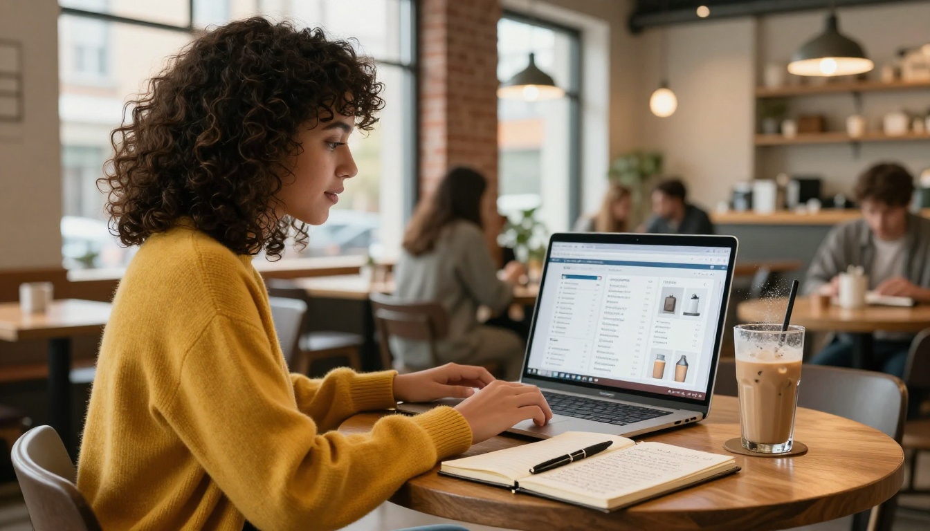Small business owner reviewing product catalog flipbook on MacBook in cafe