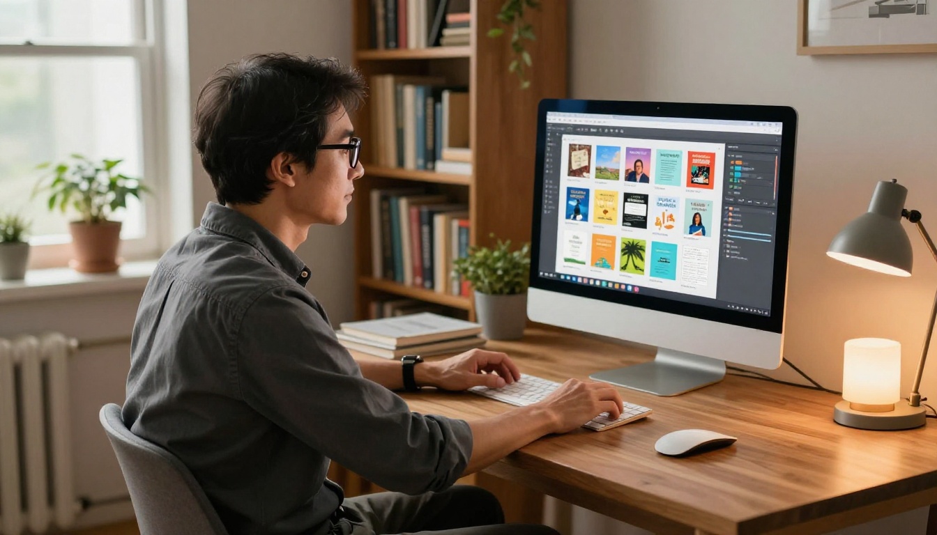 Teacher customizing flipbook content on desktop computer in home office