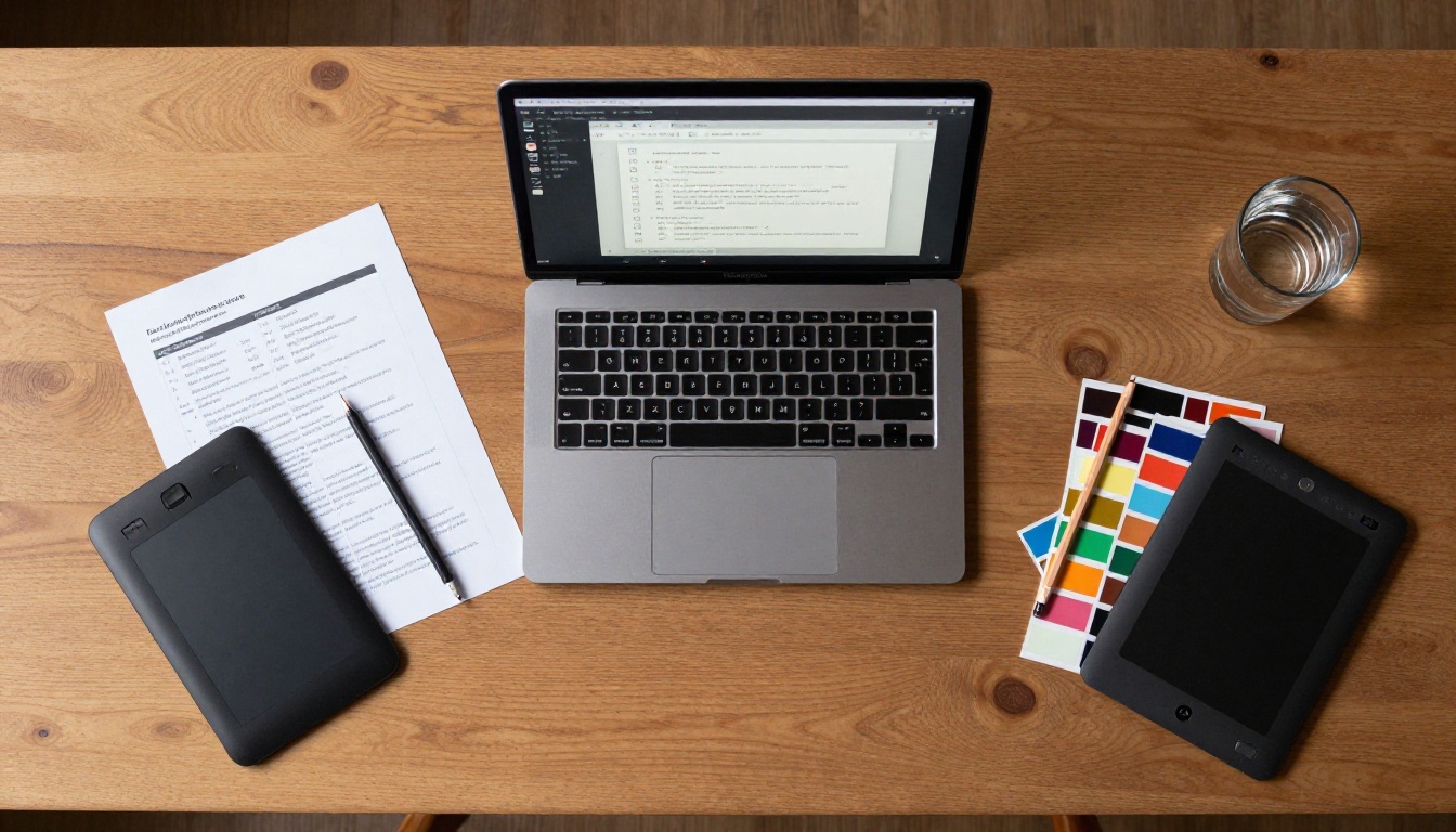 Designer's desk with PDF documents and laptop showing digital upload interface