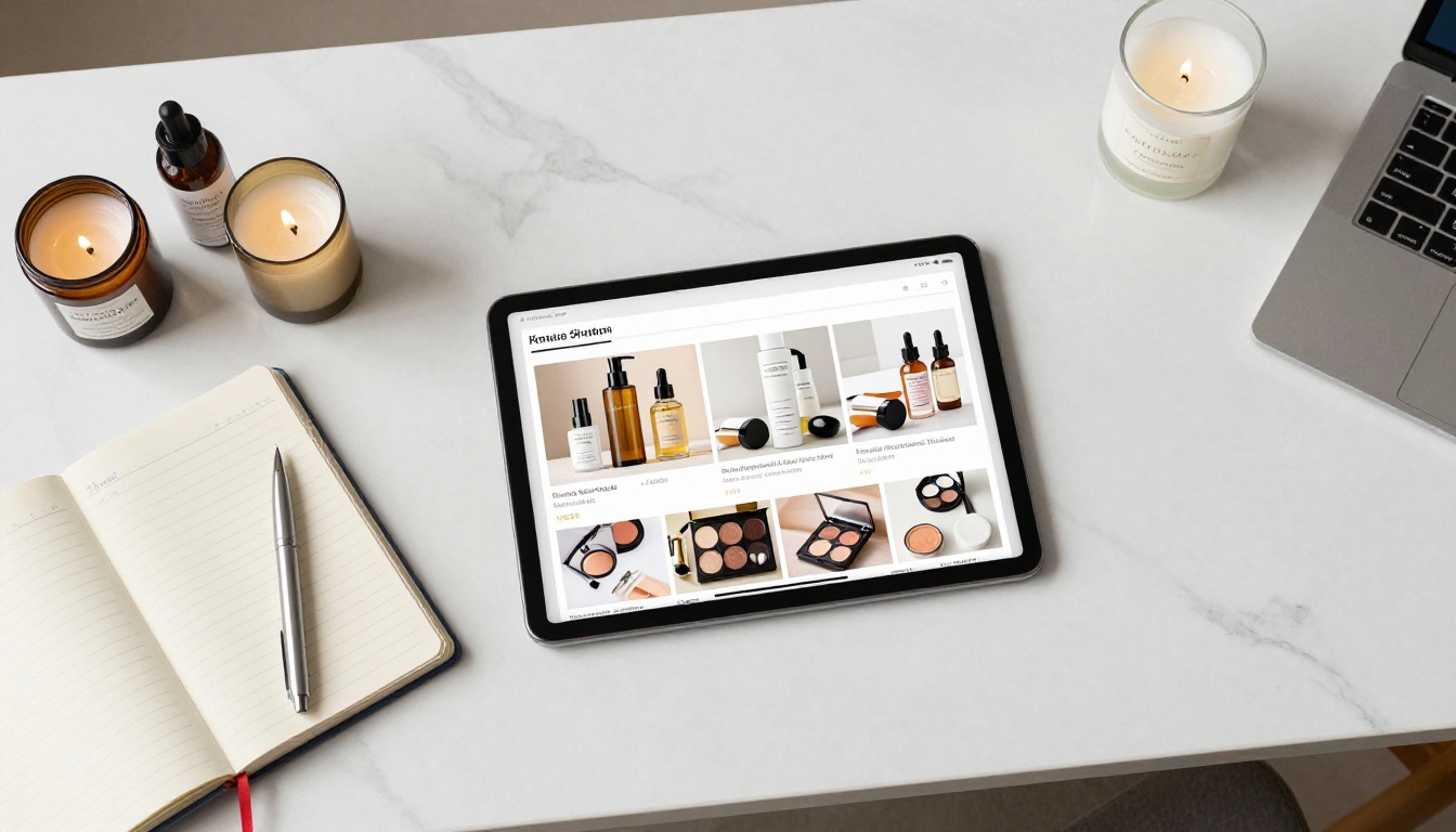 E-commerce manager's marble desk with tablet showing product catalog surrounded by cosmetics and lifestyle products