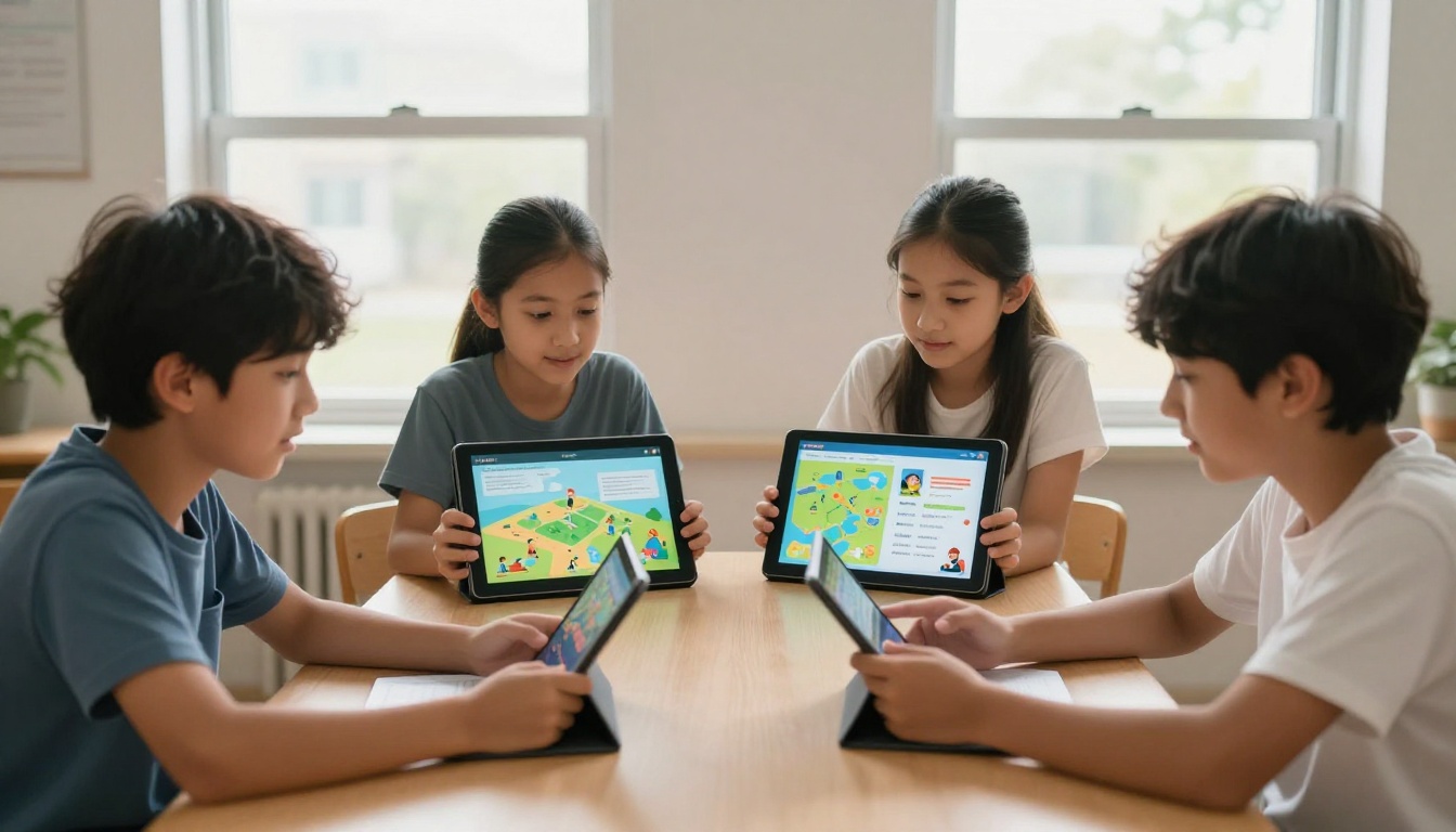Students collaborating with tablets showing educational flipbook content