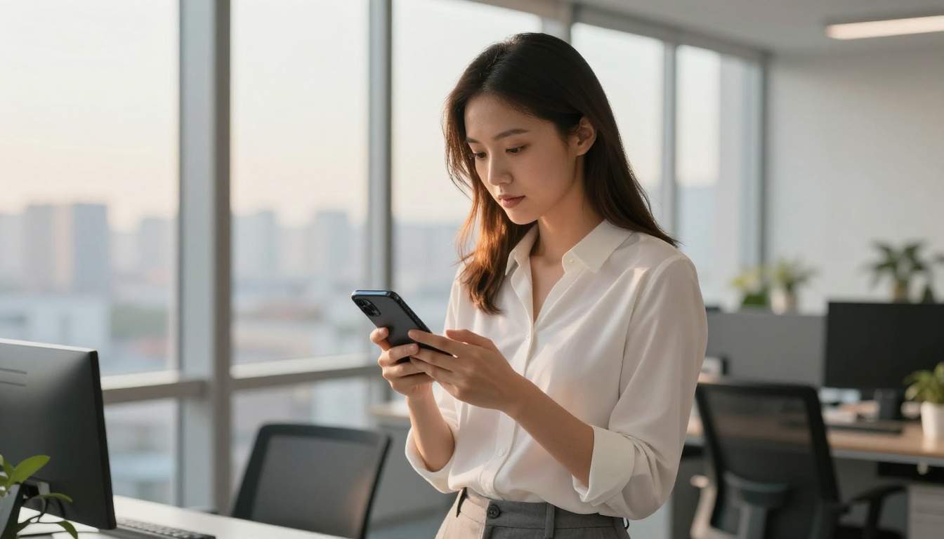 Young professional woman swiping through digital catalog flipbook on smartphone in modern office with city skyline view