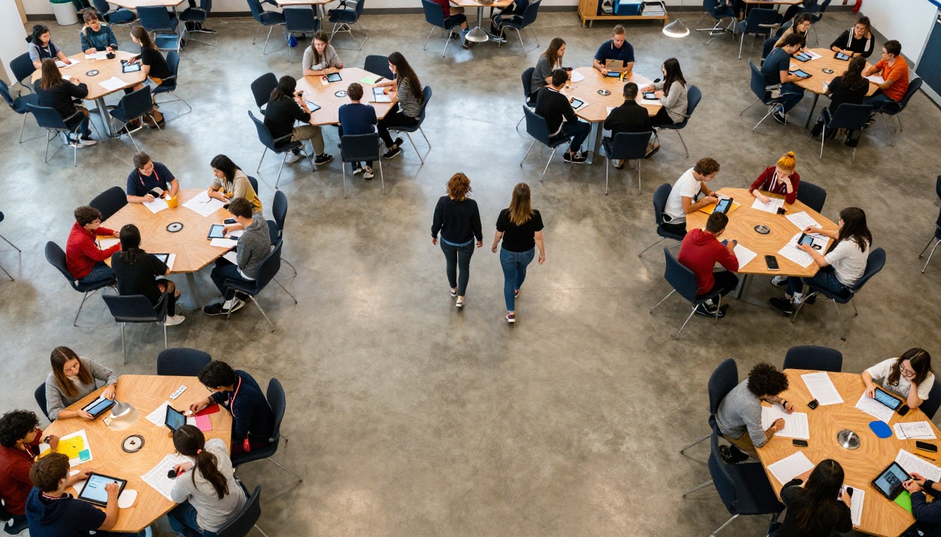 Aerial overhead view of classroom with students working at collaborative hexagonal desks
