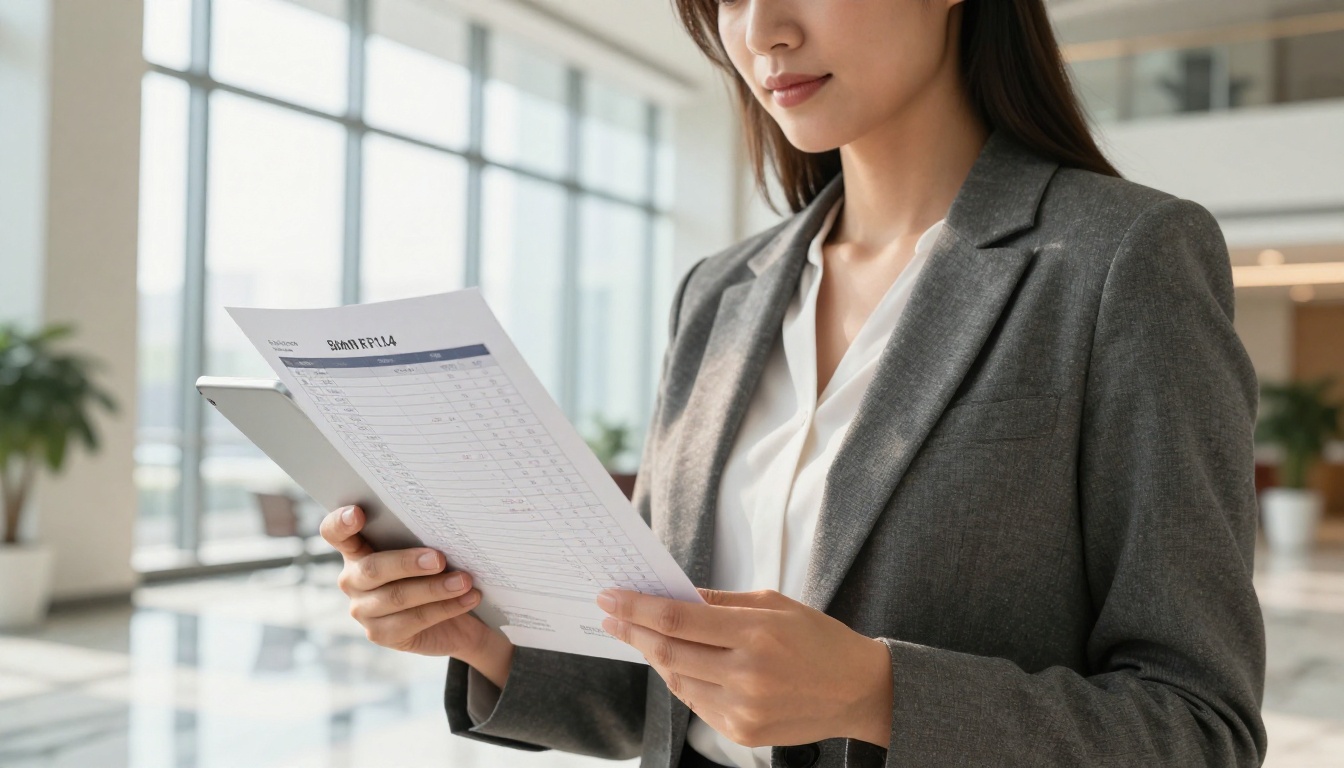 Woman in business blazer comparing pricing charts for two flipbook platforms