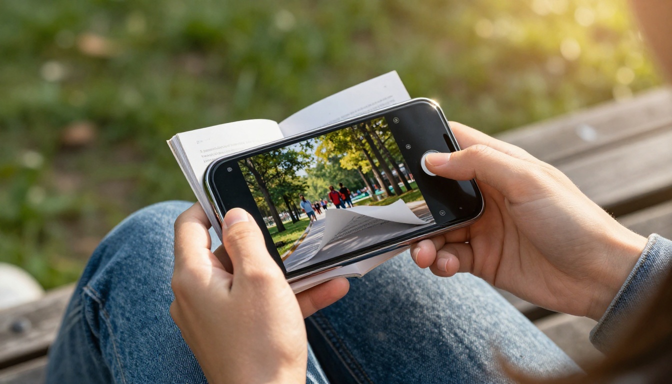 Close-up of hands in denim jacket holding smartphone displaying e-magazine flipbook with page-turn animation in sunny park