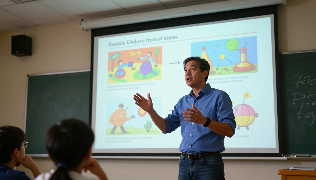 Teacher presenting with projected digital flipbook content to classroom