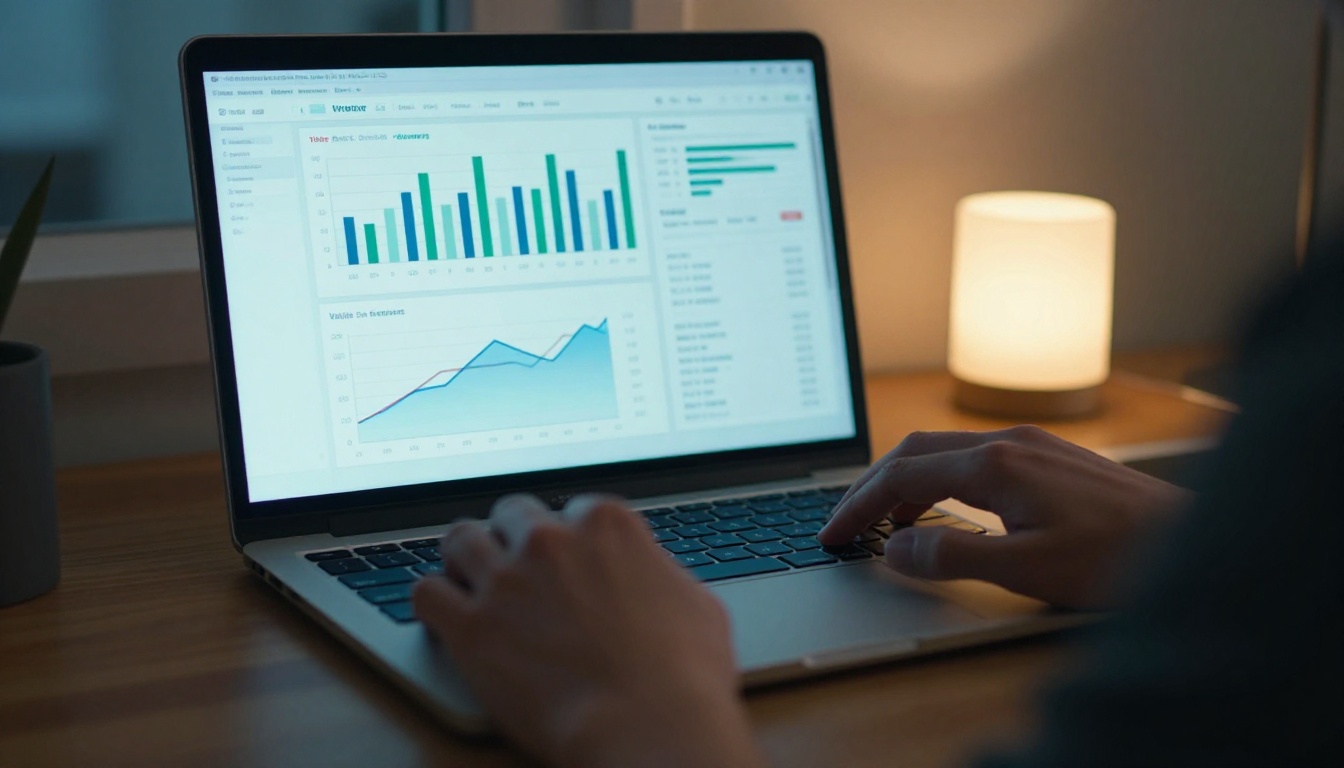 Laptop screen showing analytics dashboard with charts and metrics