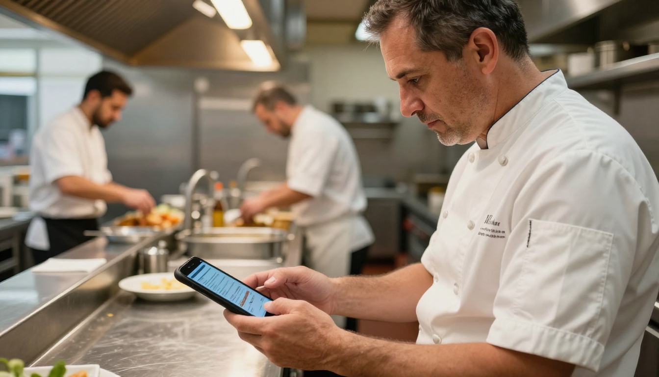 Restaurant owner in white chef uniform reviewing digital menu flipbook on smartphone in professional stainless steel kitchen
