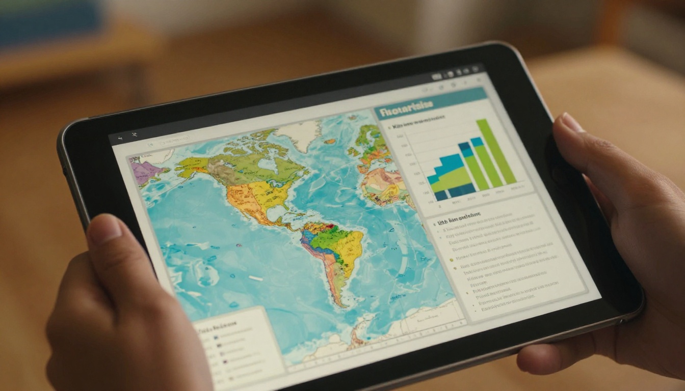 Close-up of tablet screen displaying colorful educational flipbook with geography map and charts